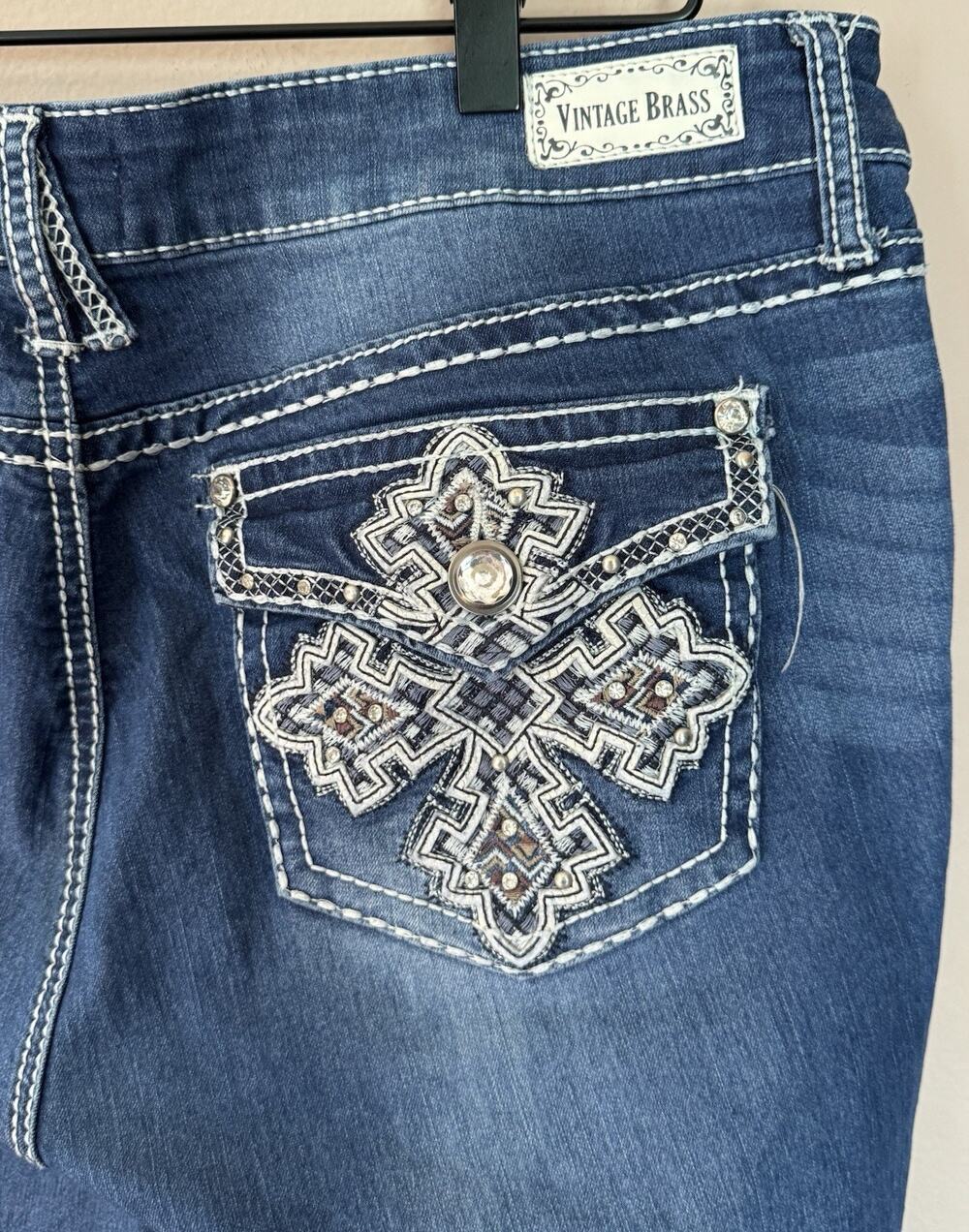 Vintage Brass Jeans Womens Size 32 Bootcut Dark Wash Cross Bling Pocket Stretch